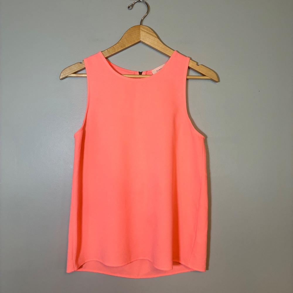 Everly Neon Coral Pink Sleeveless Crepe Tank Top Back Zip High-Low Small T9926